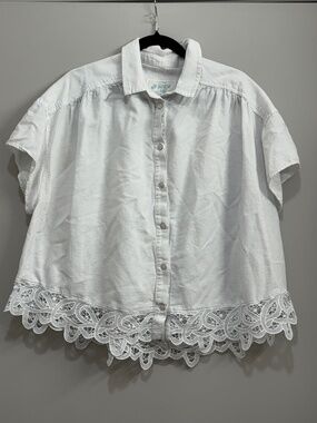 American Eagle White Linen Blend Lace Hem Button Top Coastal Boho